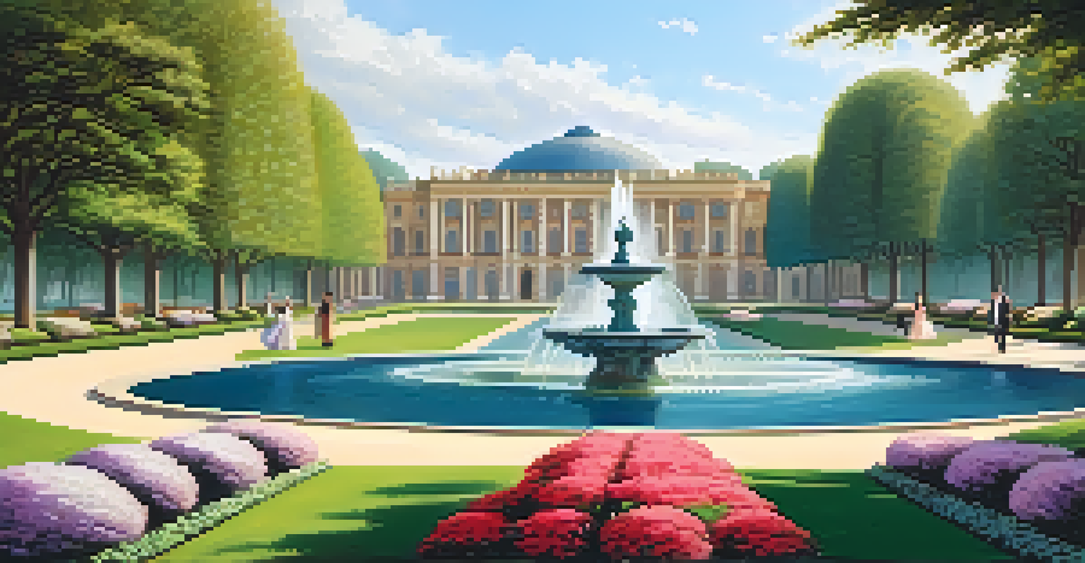 An elegant garden in a royal palace with flowers and a fountain.