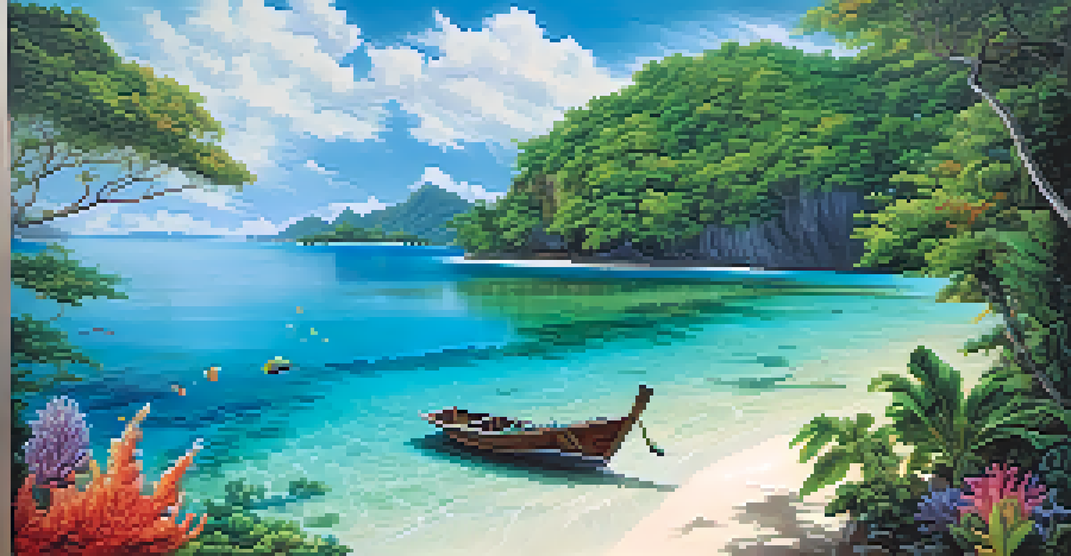A picturesque beach in the Andaman Islands with clear waters, coral reefs, colorful fish, and lush rainforests in the background.