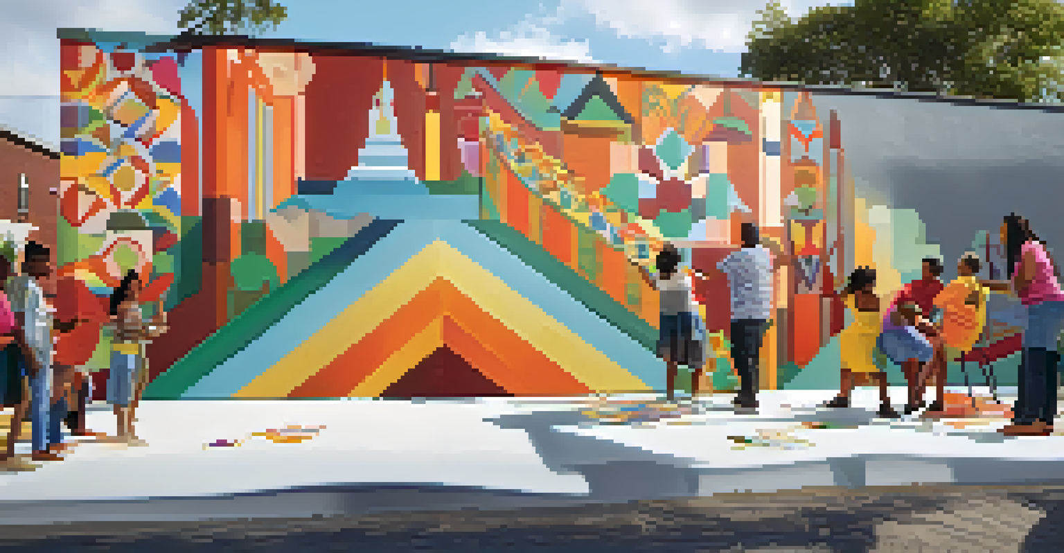 A group of people painting a colorful mural in a public space, showcasing local culture and community involvement.