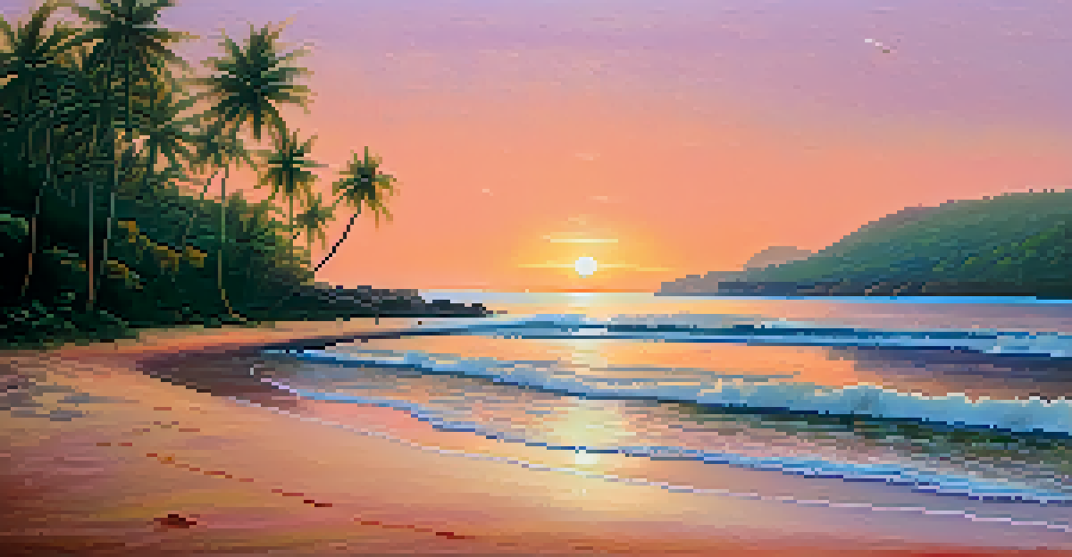 A peaceful beach along the Konkan Coast with golden sands and a sunset sky in shades of orange and pink.