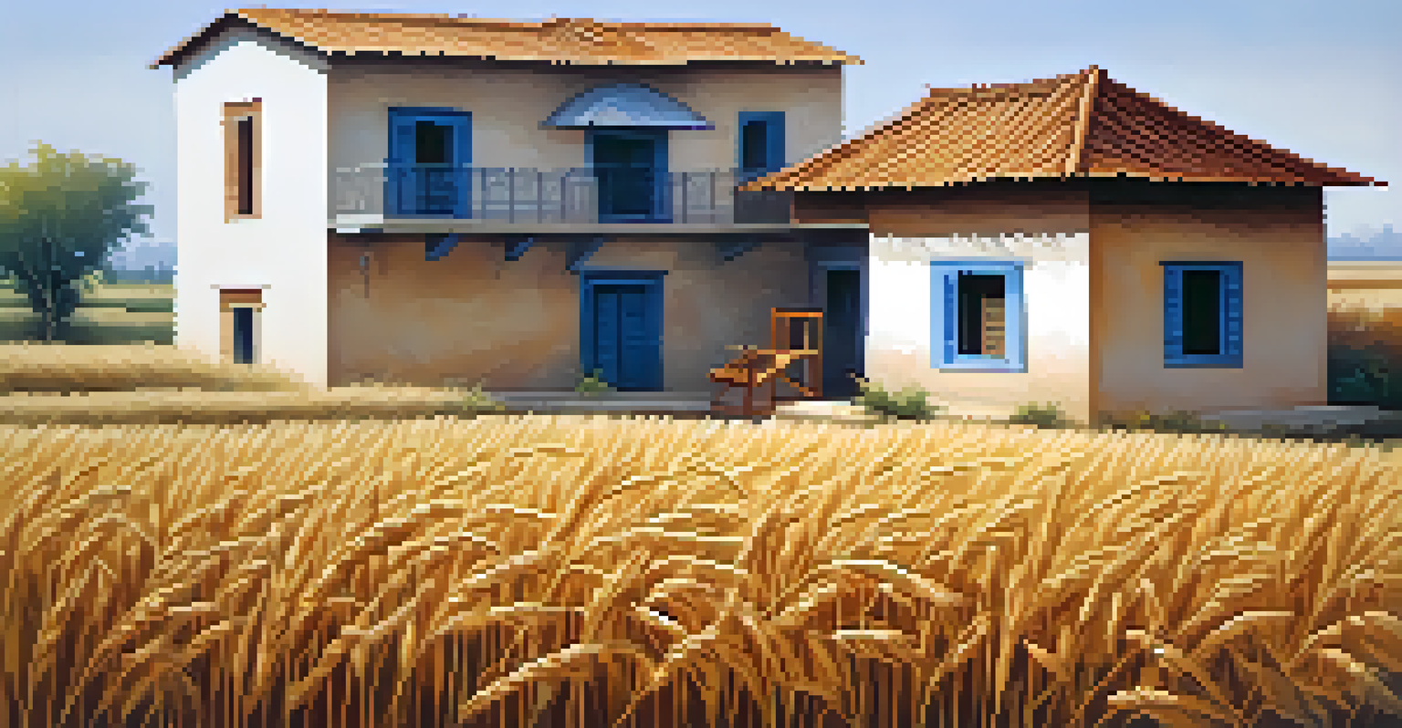 A modest house in Lamhi surrounded by wheat fields under a clear blue sky, evoking the rural life of Munshi Premchand.
