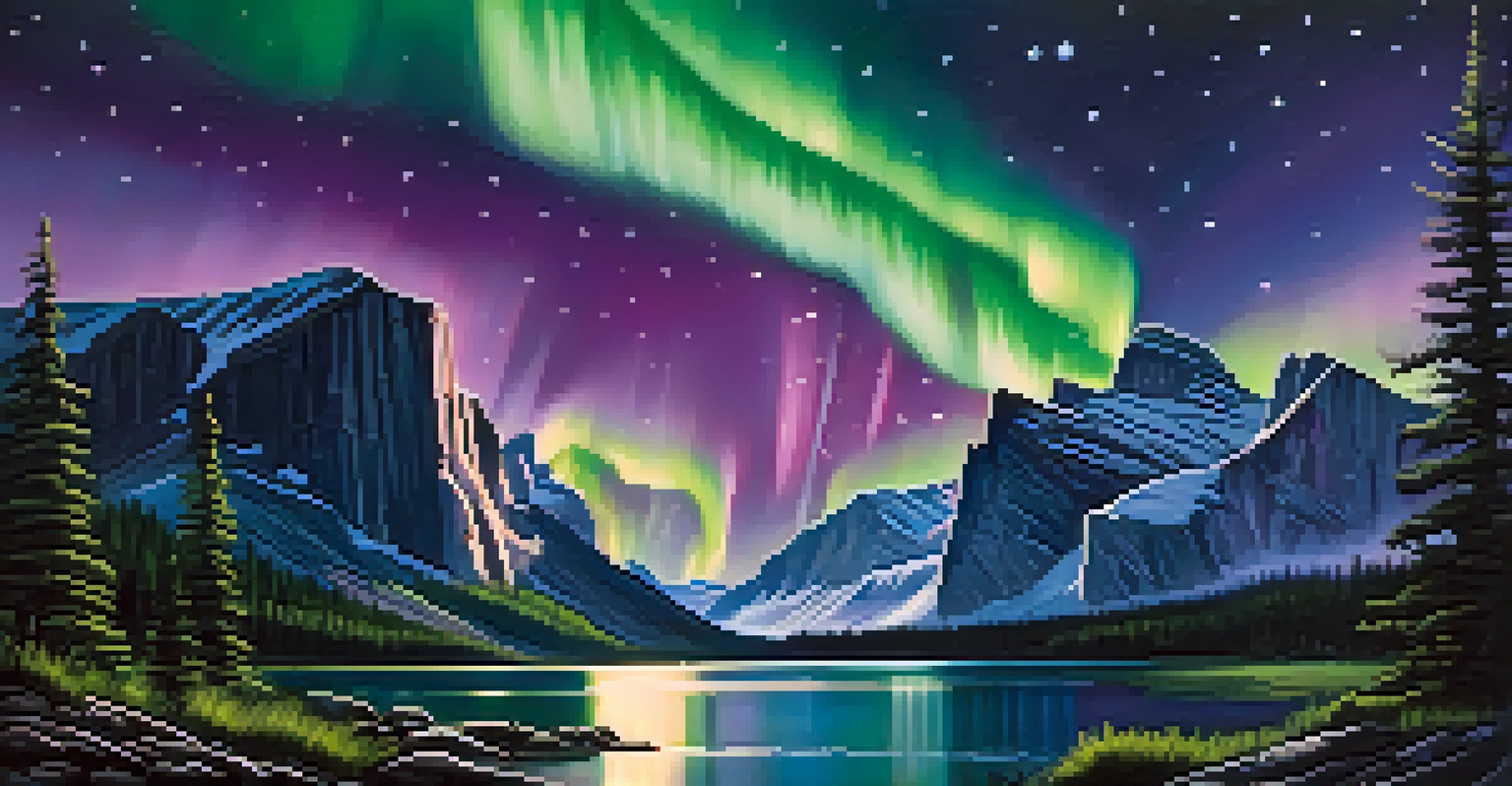 A remote national park under the Northern Lights, featuring rugged mountains, a tranquil forest, and a starry night sky.