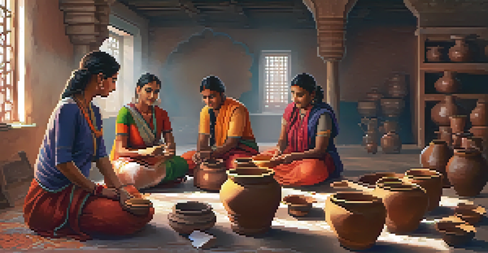 A lively workshop where artisans teach pottery making, with colorful clay pots around and participants engaged in the crafting process.