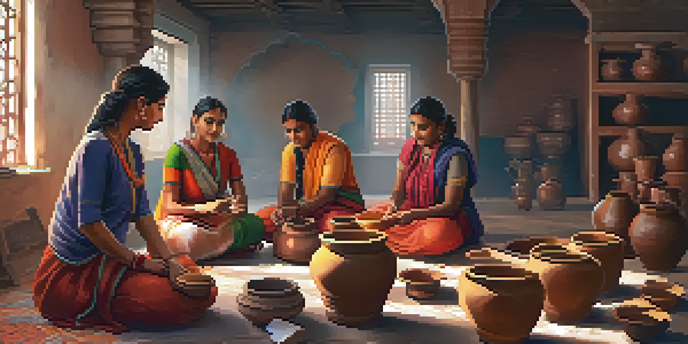 A lively workshop where artisans teach pottery making, with colorful clay pots around and participants engaged in the crafting process.