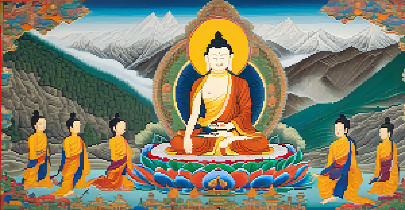 A close-up of a traditional thangka painting featuring a serene Buddhist scene, set against a blurred backdrop of the Himalayas.