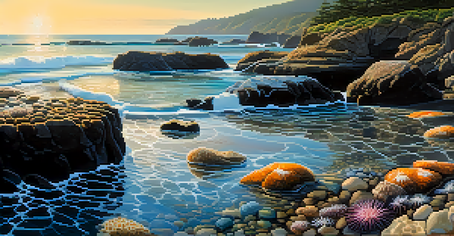 Close-up of a rocky shoreline with tide pools, featuring marine life and sunlight filtering through the water.