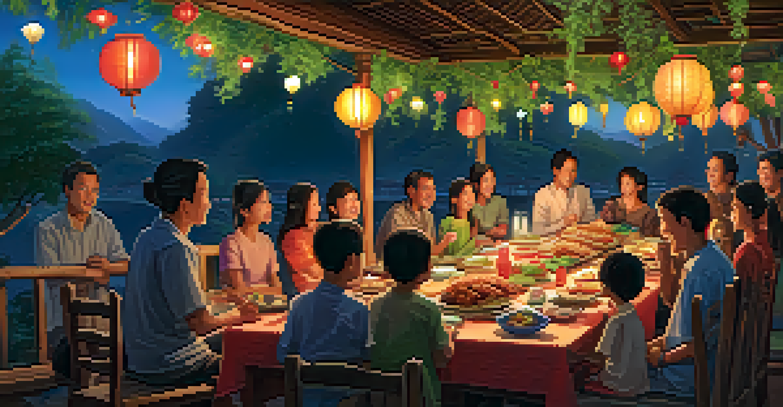 A festive outdoor family celebration at a homestay, with a long table of traditional dishes and happy guests under twinkling lights.