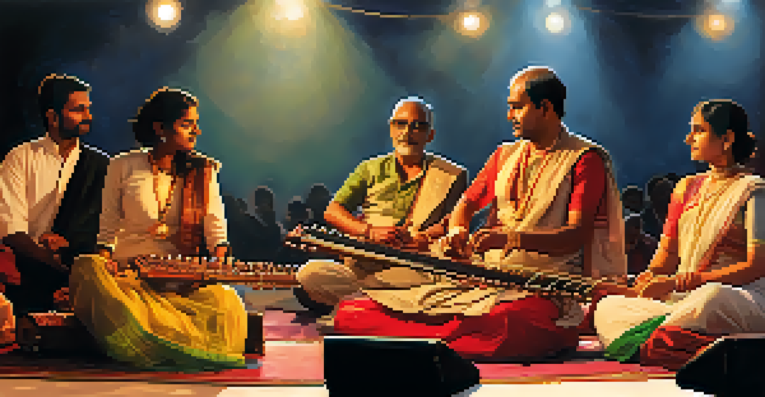 A musician playing sitar on stage with soft lighting, surrounded by an engaged audience in traditional clothing.