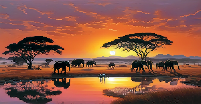 A serene sunrise in the African savanna featuring silhouetted acacia trees and a herd of elephants grazing near a waterhole.