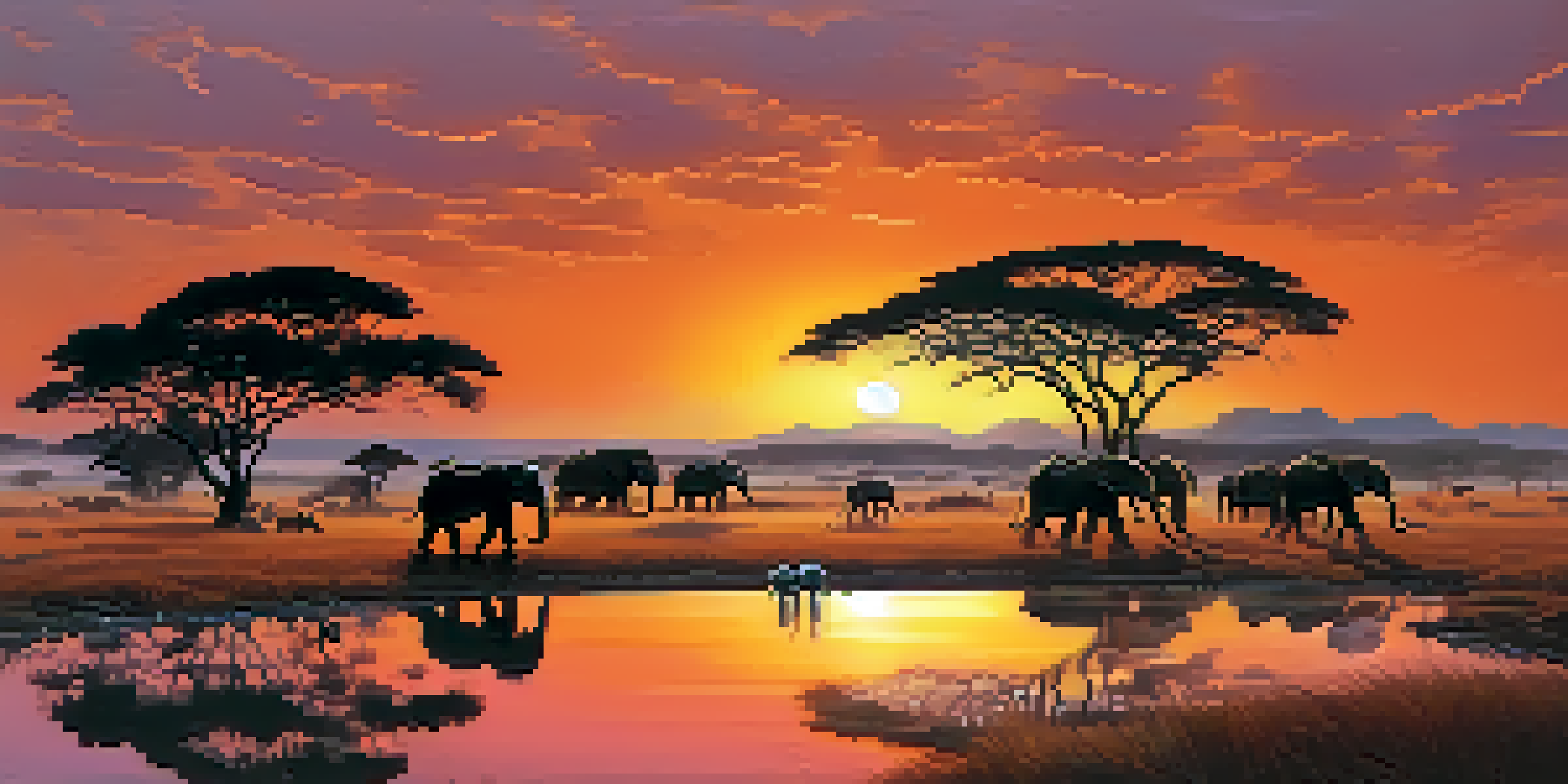 A serene sunrise in the African savanna featuring silhouetted acacia trees and a herd of elephants grazing near a waterhole.