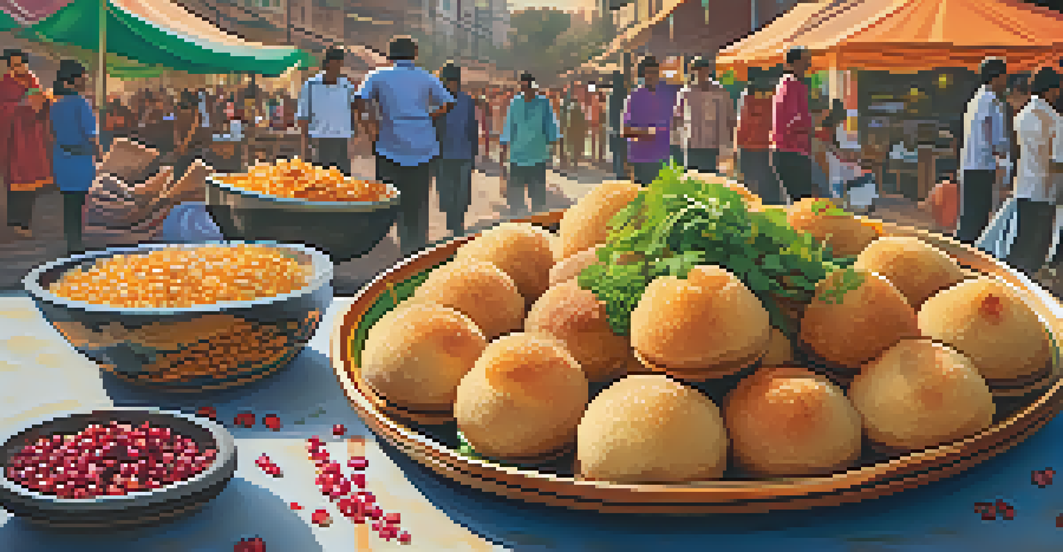 A plate of traditional Indian street food, including pani puri and chaat, set against a lively street scene.