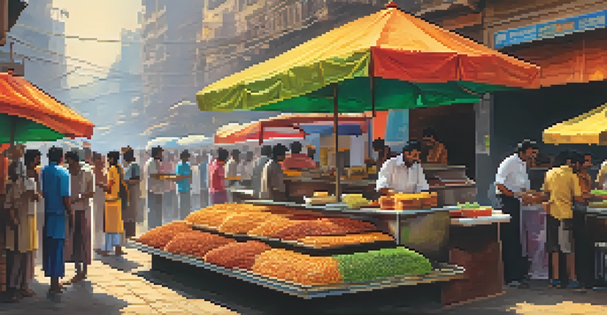 A busy Vada Pav stall in Mumbai with a vendor preparing the dish and people enjoying their food in a lively street atmosphere.