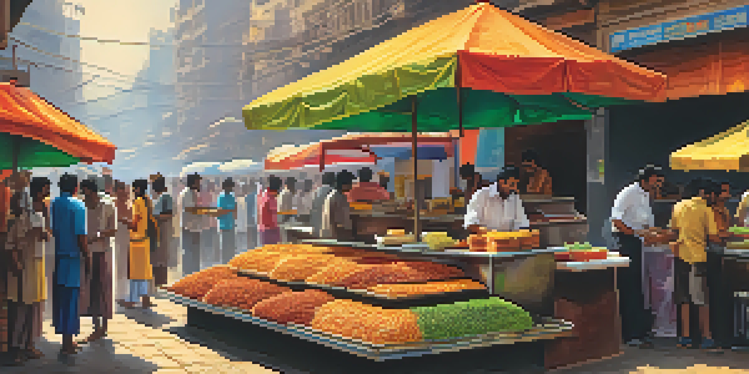 A busy Vada Pav stall in Mumbai with a vendor preparing the dish and people enjoying their food in a lively street atmosphere.