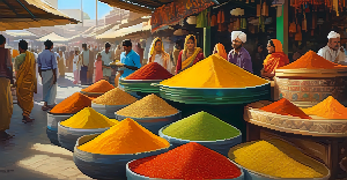 A busy Indian spice market showcasing colorful spices like turmeric, chili powder, and cardamom, with vendors and customers in a vibrant setting.