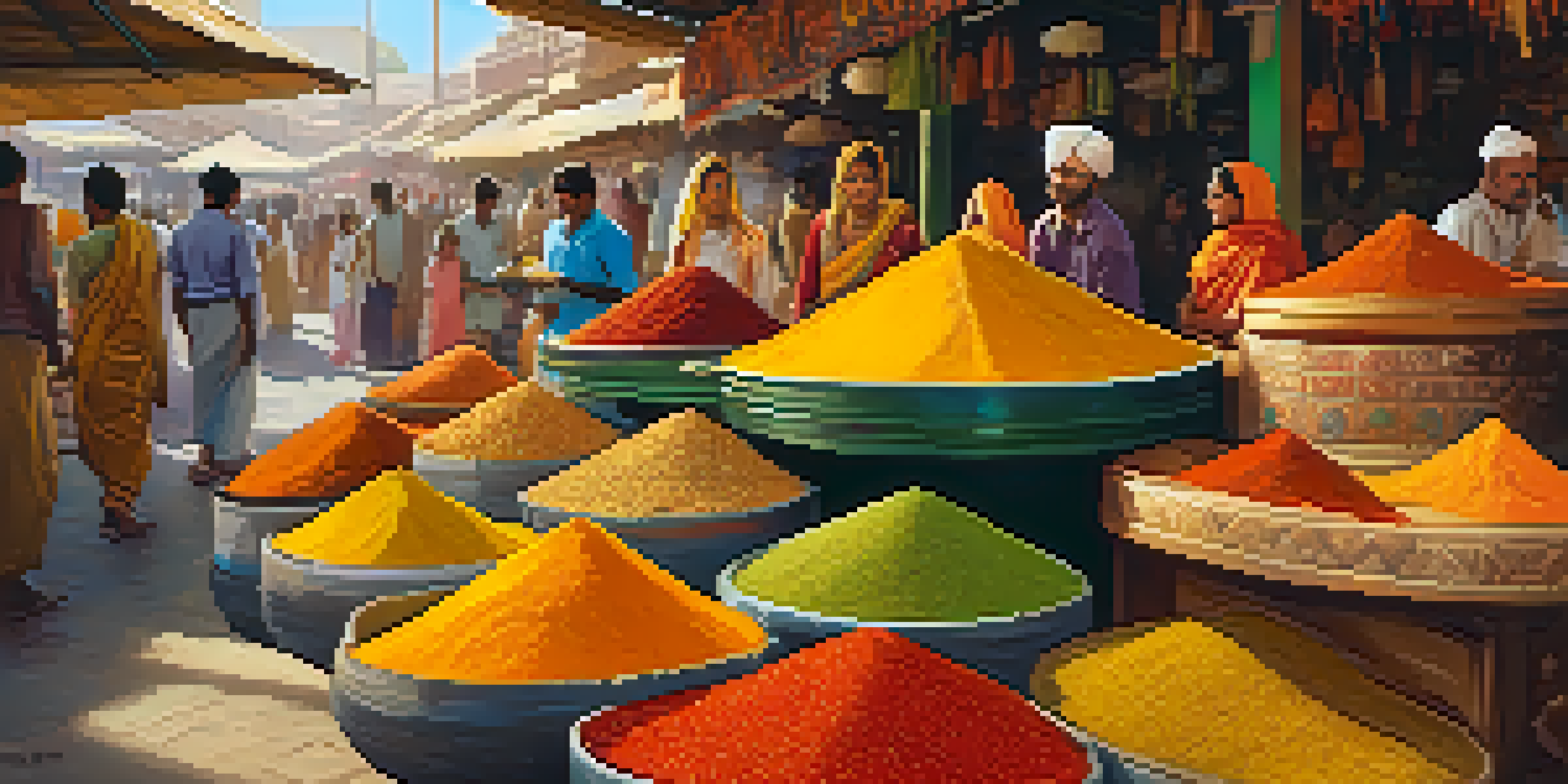 A busy Indian spice market showcasing colorful spices like turmeric, chili powder, and cardamom, with vendors and customers in a vibrant setting.