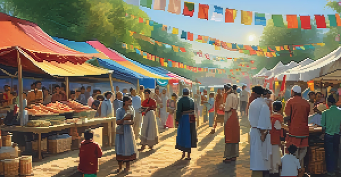 A lively rural festival with people enjoying food, colorful banners, and musicians performing, set in a warm sunlit atmosphere.