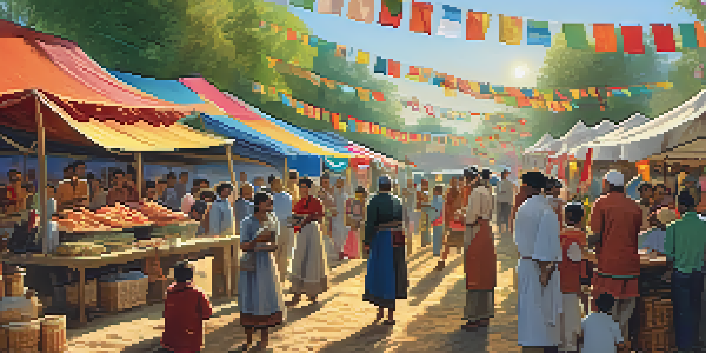 A lively rural festival with people enjoying food, colorful banners, and musicians performing, set in a warm sunlit atmosphere.