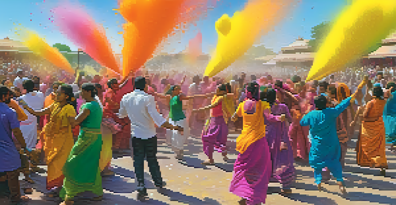People celebrating Holi, throwing colored powders and enjoying the festive atmosphere with smiles and dancing.