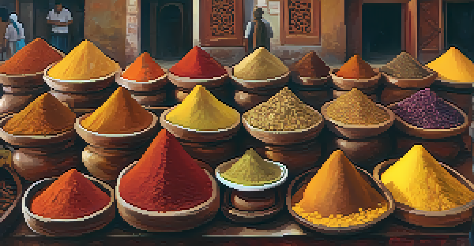 A colorful Indian spice market with an array of spices in wooden bowls, showcasing vibrant colors and textures.
