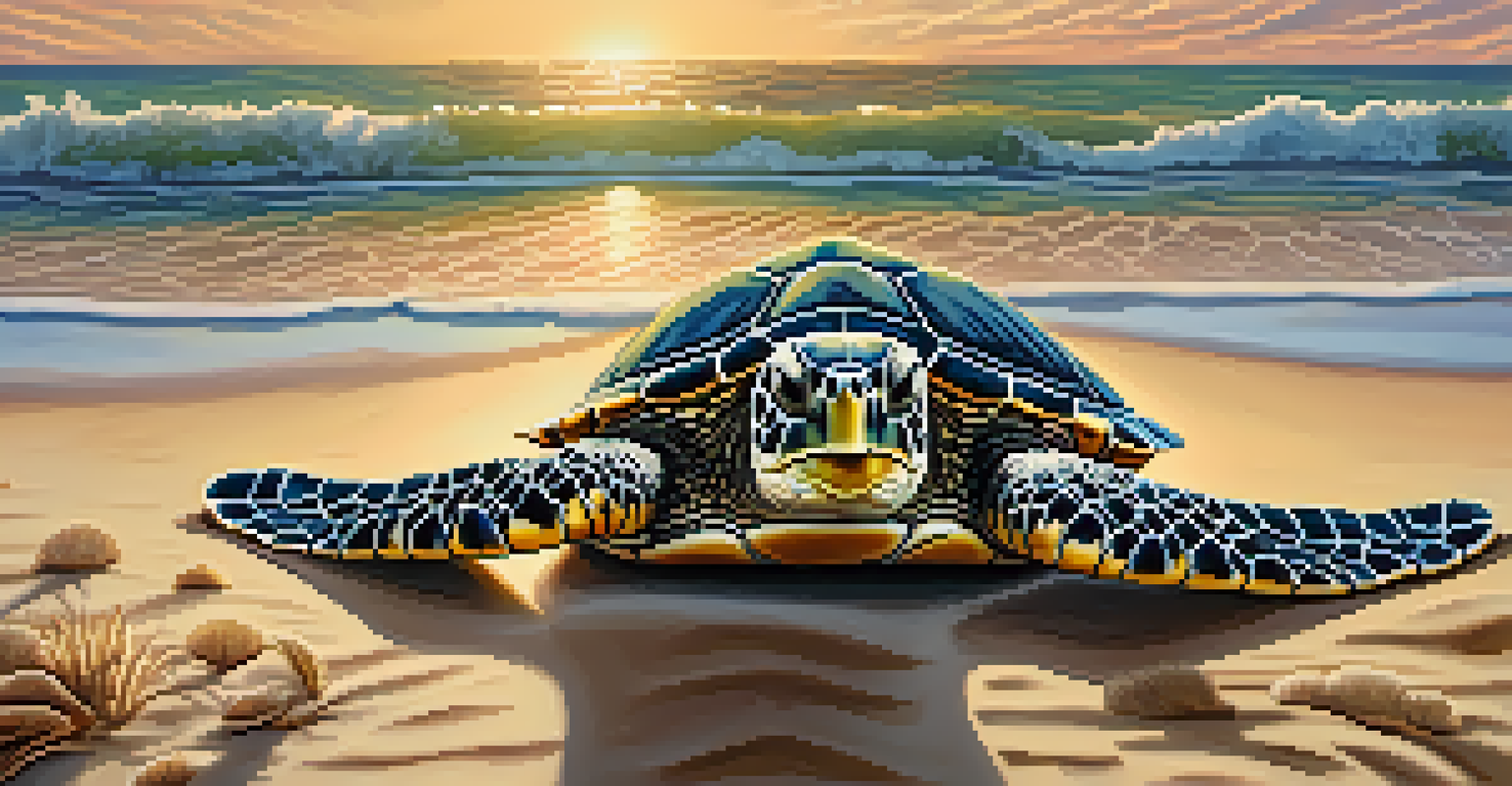 A sea turtle nesting on the beach at sunrise, with waves gently lapping at the shore.