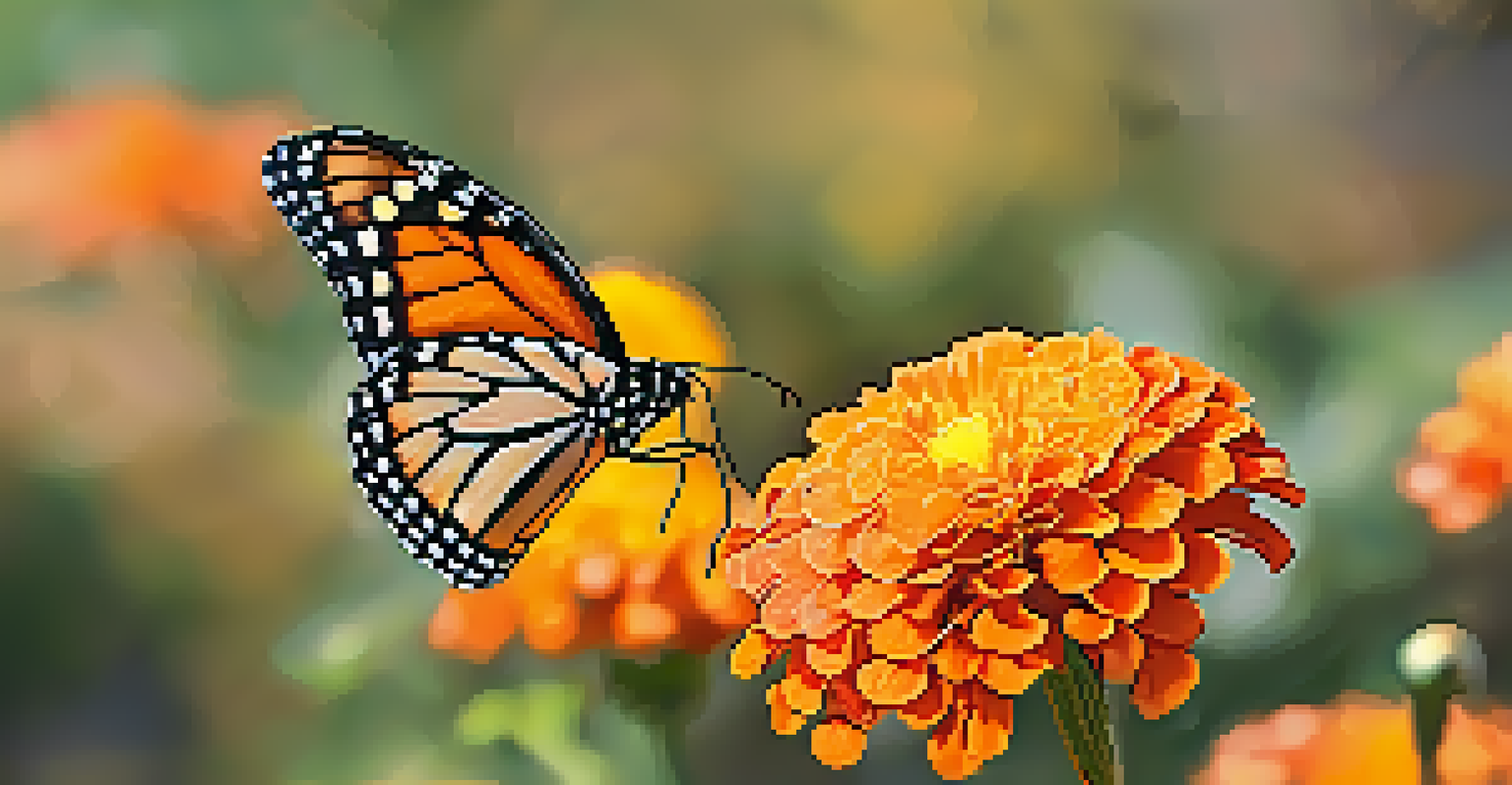 A close-up of a monarch butterfly on an orange flower with autumn leaves blurred in the background.