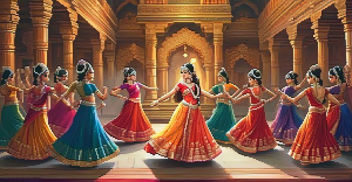 A group of dancers performing Indian classical dance in colorful costumes with a temple backdrop.