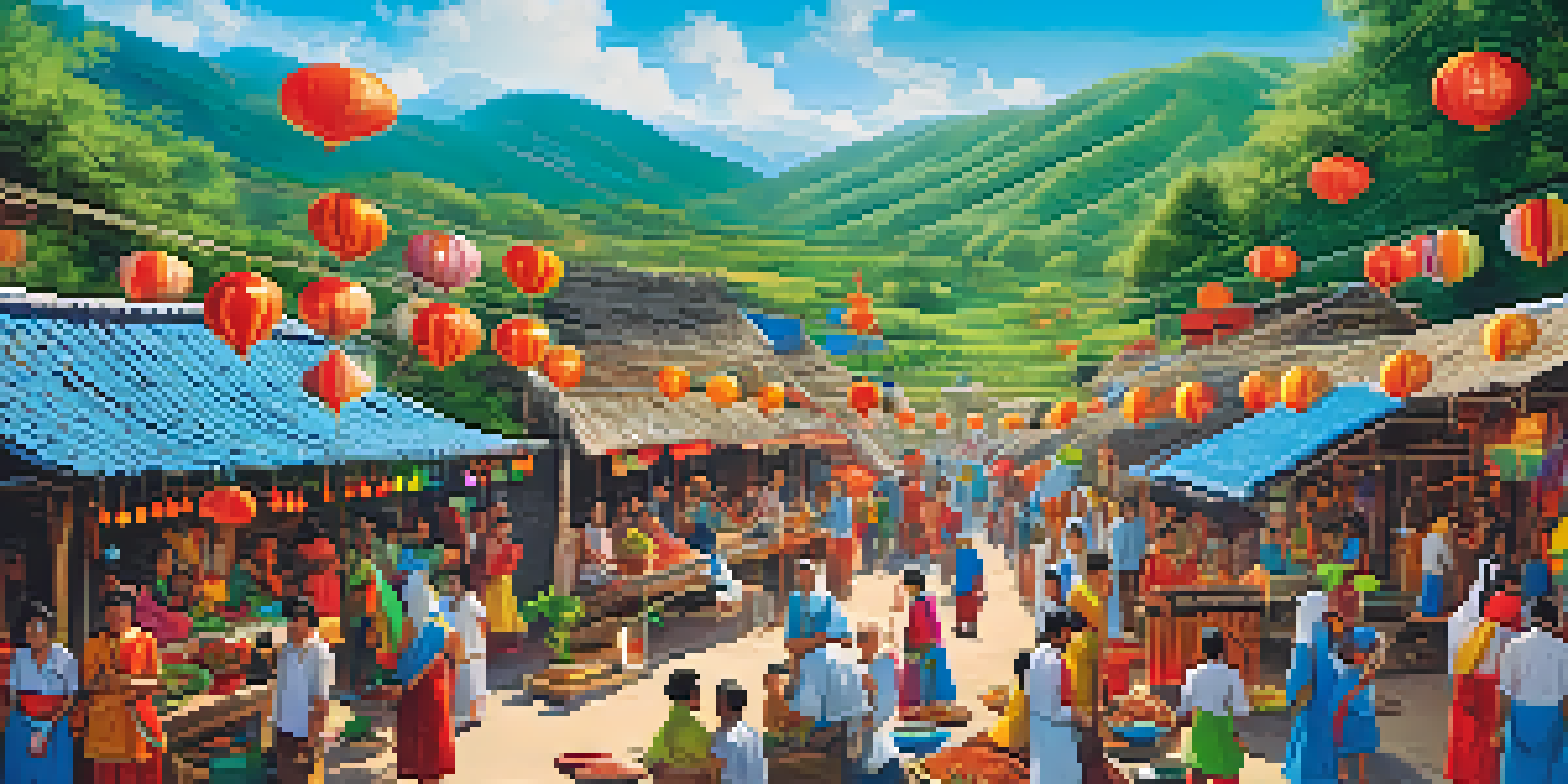 A lively village festival with colorful decorations and villagers in traditional clothing, surrounded by green hills and sunny skies.