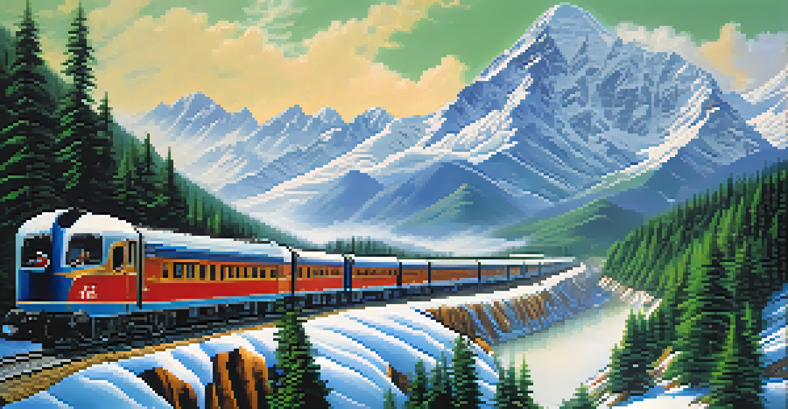 A luxury train traveling through the snow-capped Himalayas, surrounded by lush valleys and clear blue skies.