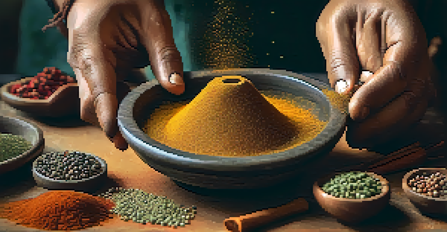 A close-up of hands grinding vibrant spices in a traditional stone mortar and pestle, highlighting the craftsmanship of creating spice blends.