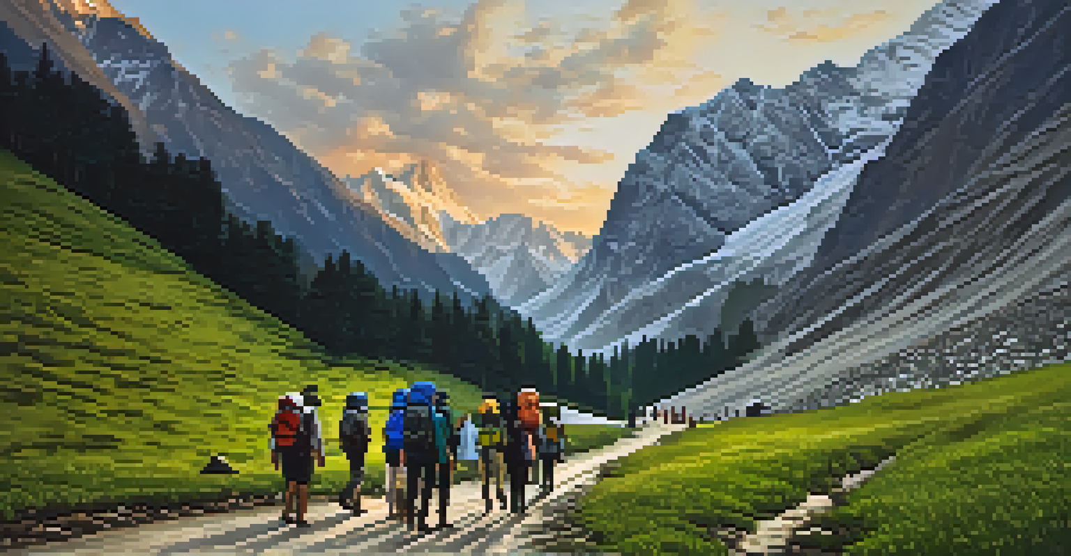 Pilgrims hiking on the Pahalgam route to Amarnath Cave, surrounded by rugged terrain and lush greenery, under a golden sunset.