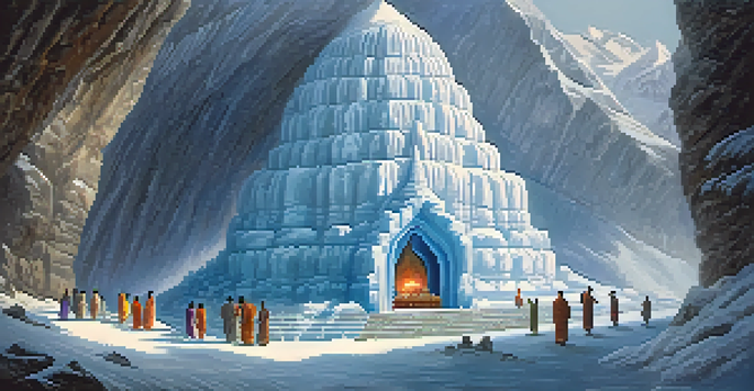 A scenic view of the Amarnath Cave with the ice Shiva Lingam, illuminated softly, surrounded by devotees in prayer amidst snowy mountains.