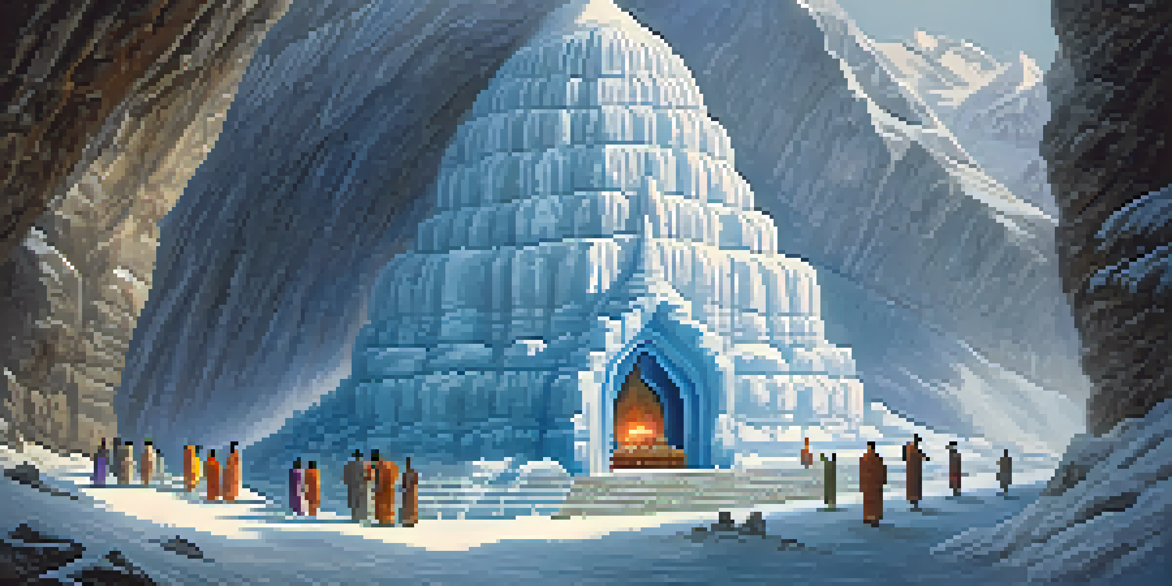 A scenic view of the Amarnath Cave with the ice Shiva Lingam, illuminated softly, surrounded by devotees in prayer amidst snowy mountains.
