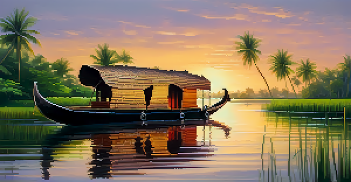 A picturesque sunset over the Kerala backwaters, featuring a houseboat and coconut palm trees along the shore.