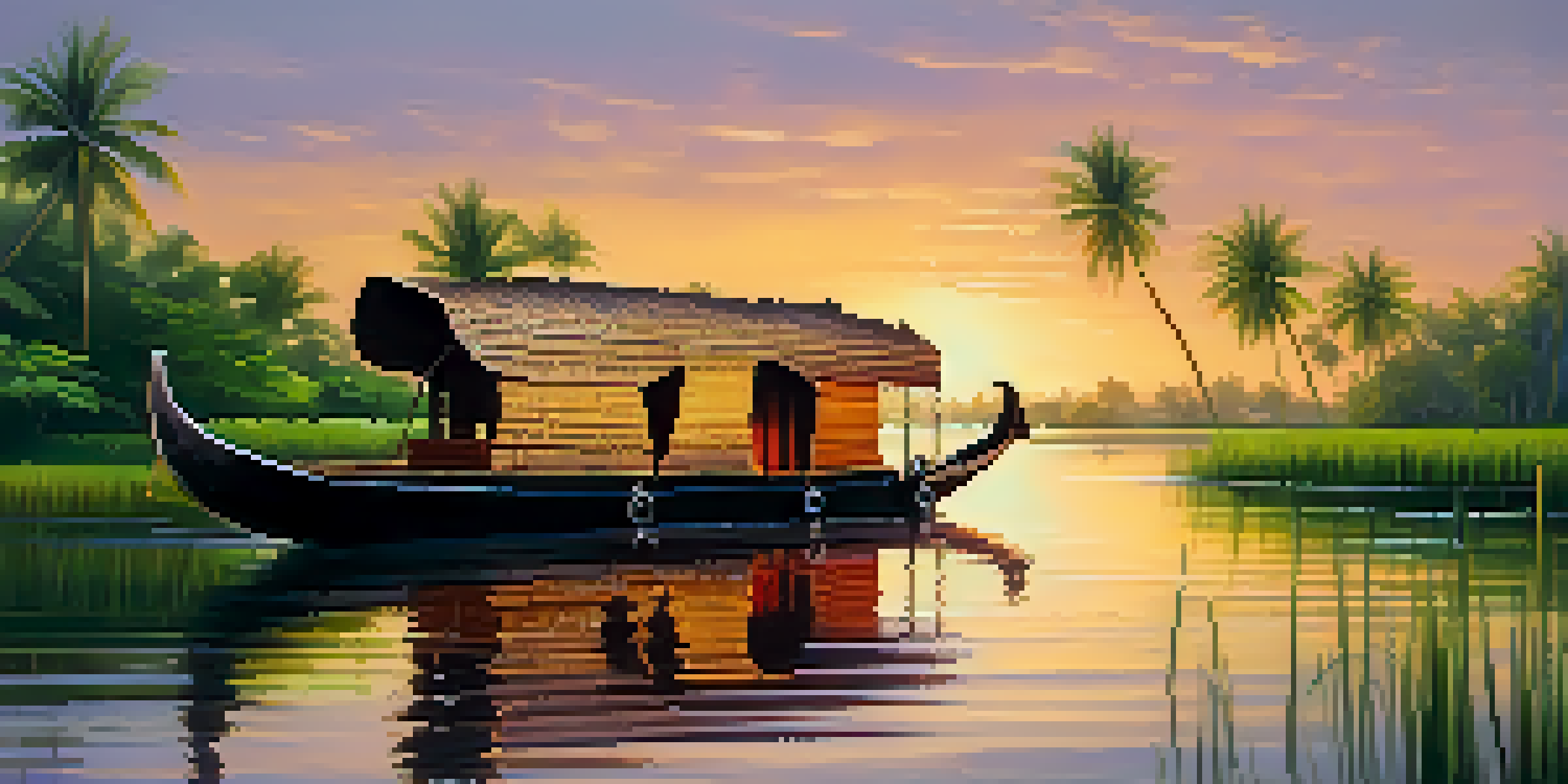 A picturesque sunset over the Kerala backwaters, featuring a houseboat and coconut palm trees along the shore.