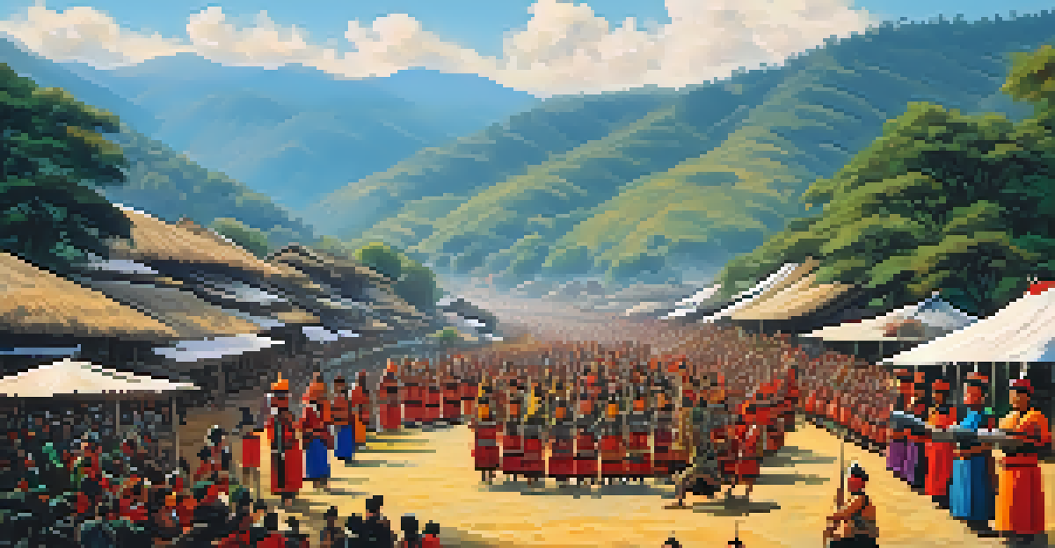 Vibrant stalls and dancers at the Hornbill Festival in Nagaland, with colorful crafts and traditional attire, surrounded by hills and blue skies.