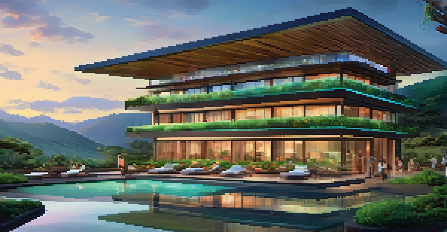 A modern hotel with a rainwater harvesting system, surrounded by vibrant gardens and a clear sky.