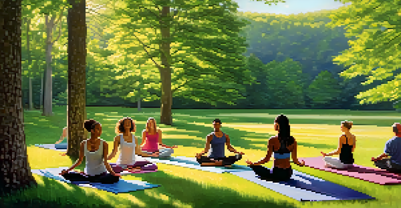 A peaceful outdoor yoga session at the Kripalu Center in Massachusetts, surrounded by tall trees and a beautiful mountain backdrop.