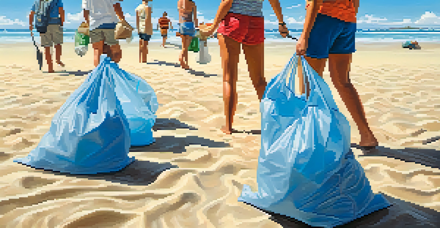 Travelers engaged in a beach cleanup activity, with eco-friendly bags on a sandy beach under a blue sky.