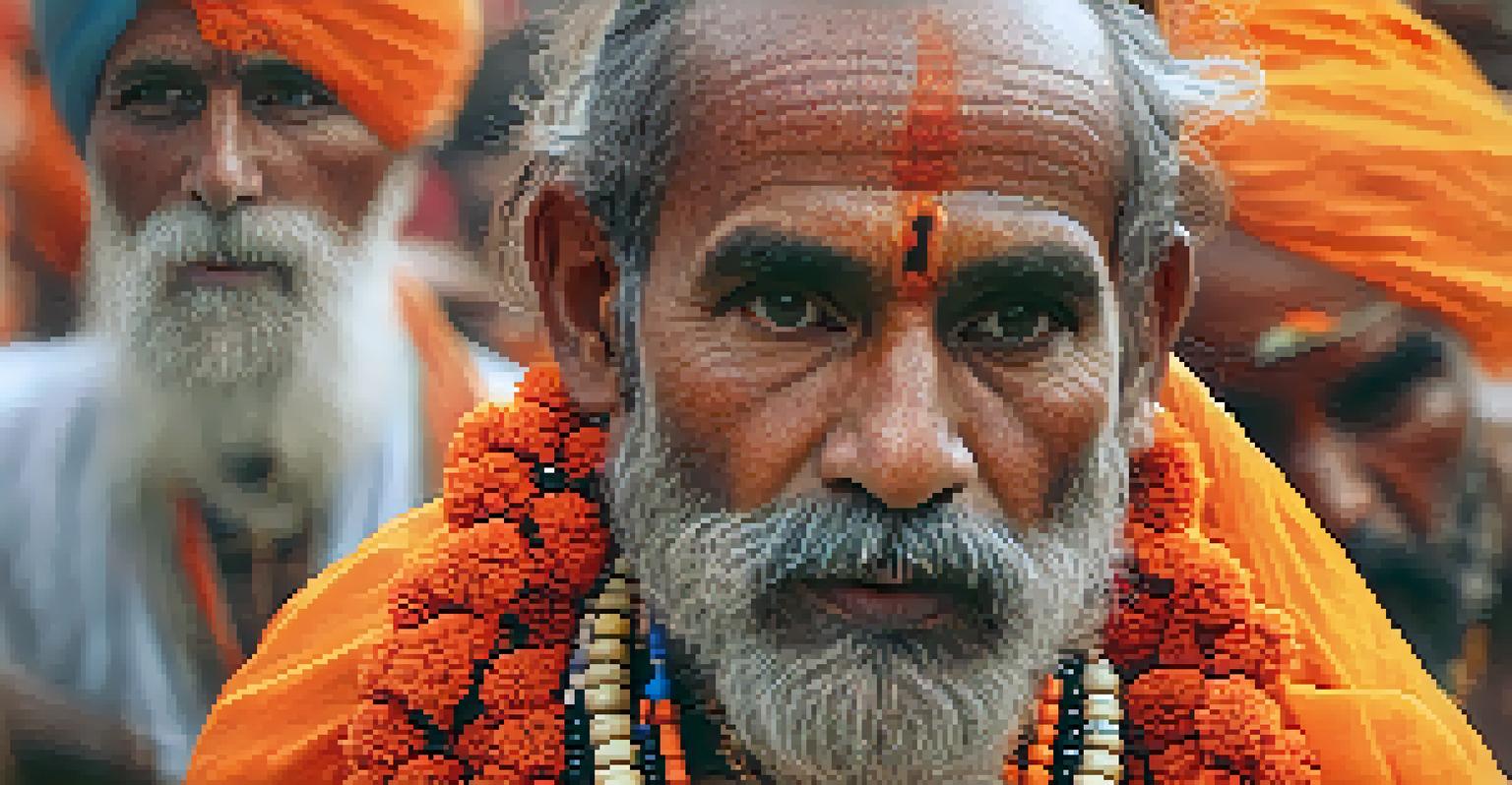 A sadhu in orange robes meditating amidst the colorful crowd at Kumbh Mela.