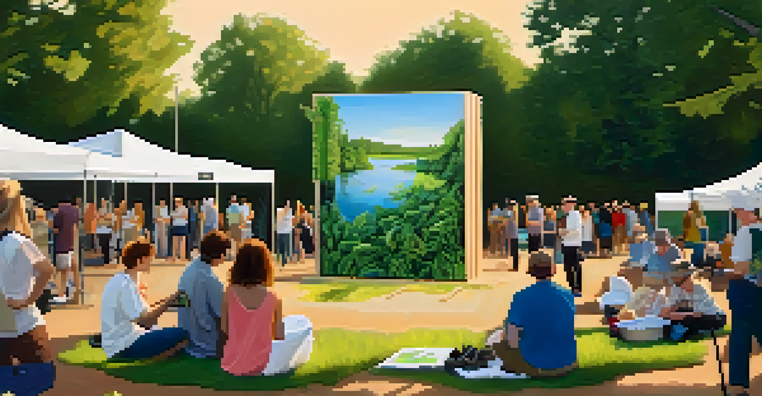 An artist sculpting with recycled materials at an art festival, with attendees admiring the work, set in a lush green environment during golden hour.