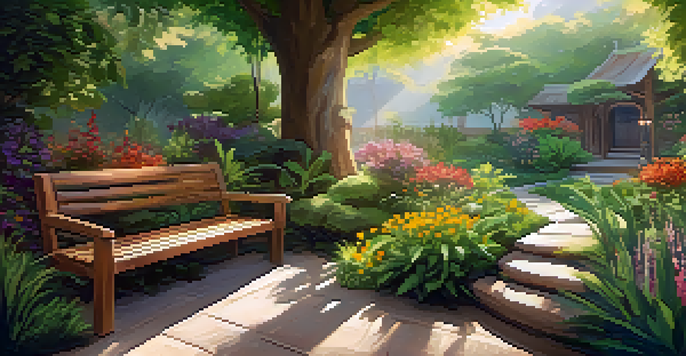 A tranquil herbal garden filled with various plants and herbs, sunlight filtering through the leaves, with a wooden bench nearby.
