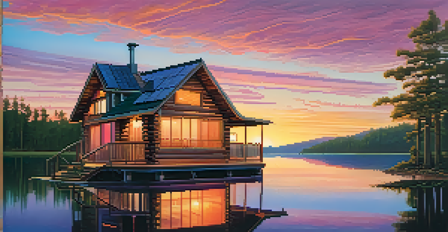 A solar-powered cabin by a tranquil lake during sunset, with vibrant colors in the sky reflecting on the water.