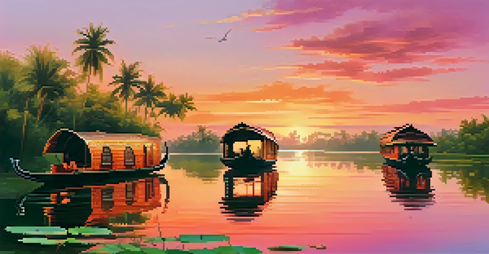 A picturesque sunset over Kerala's backwaters with houseboats and lush surroundings.