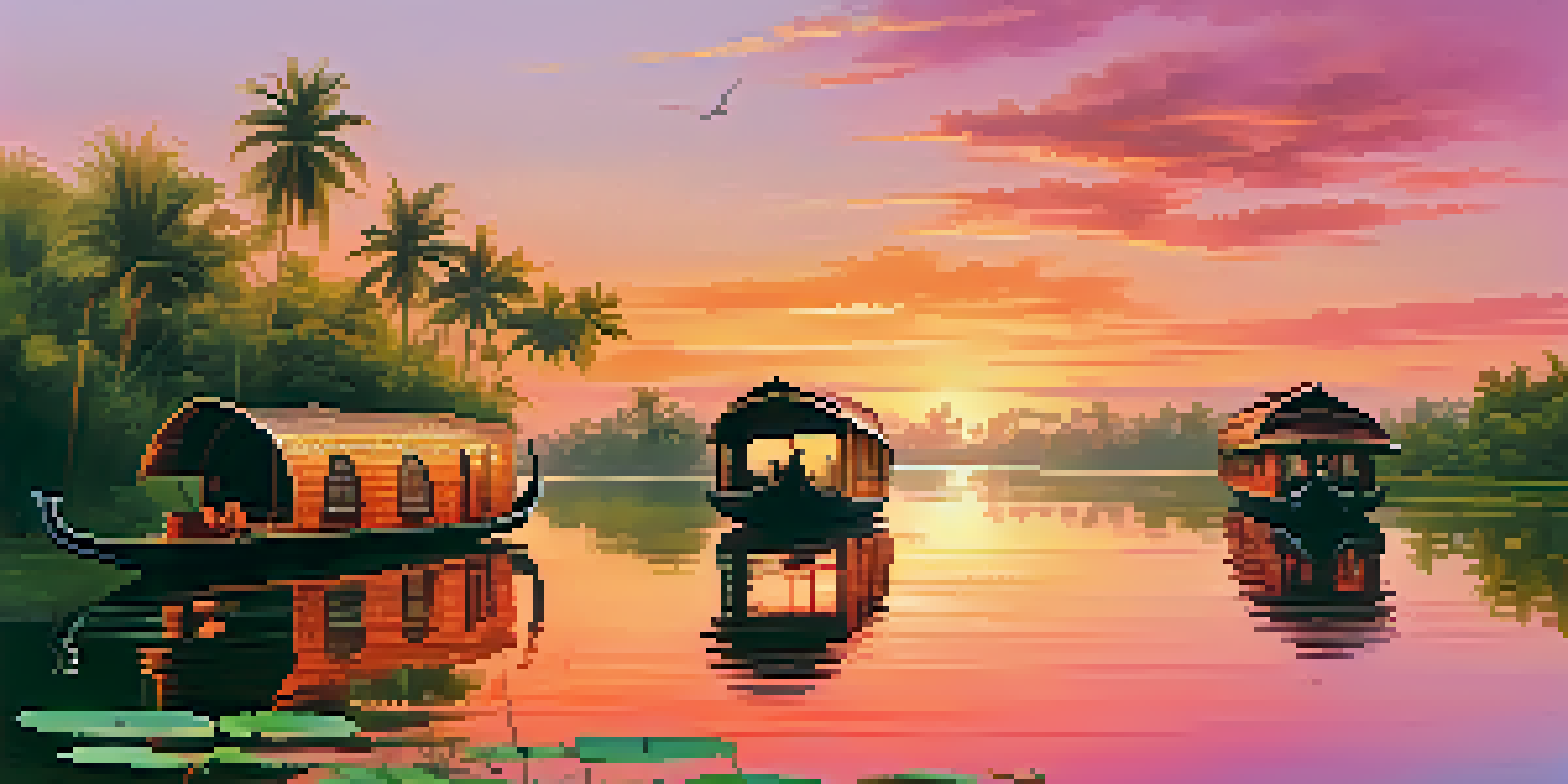 A picturesque sunset over Kerala's backwaters with houseboats and lush surroundings.