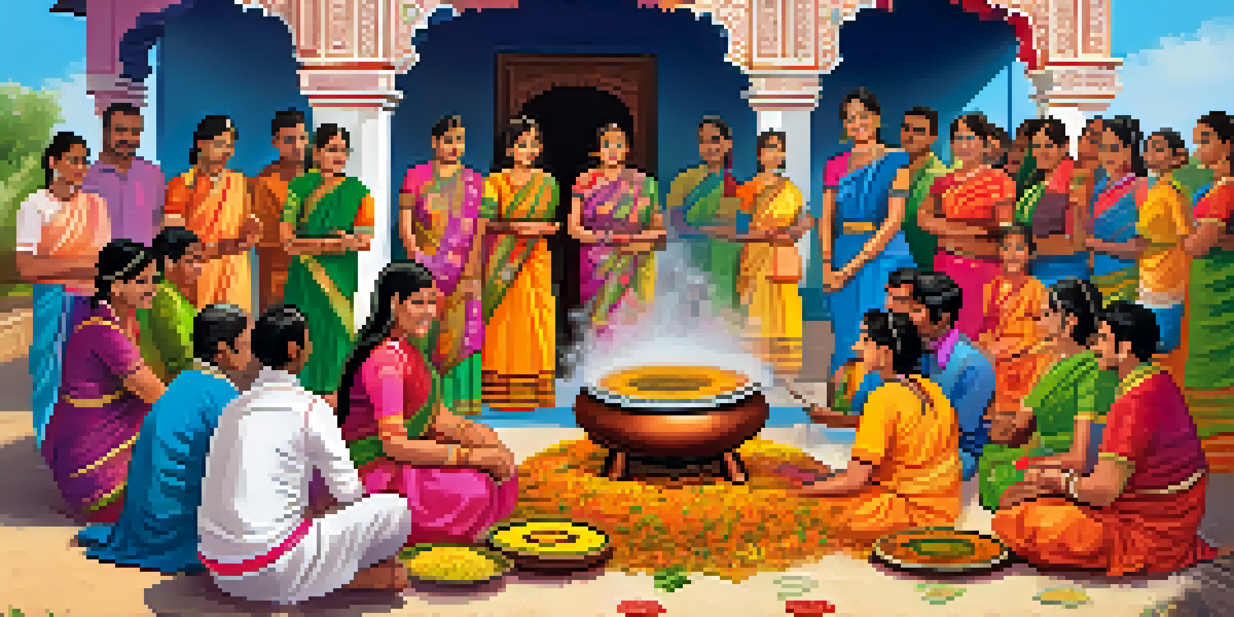 A lively outdoor Pongal festival with families cooking traditional sweet Pongal rice, colorful rice flour designs at the entrance, and lush greenery in the background.