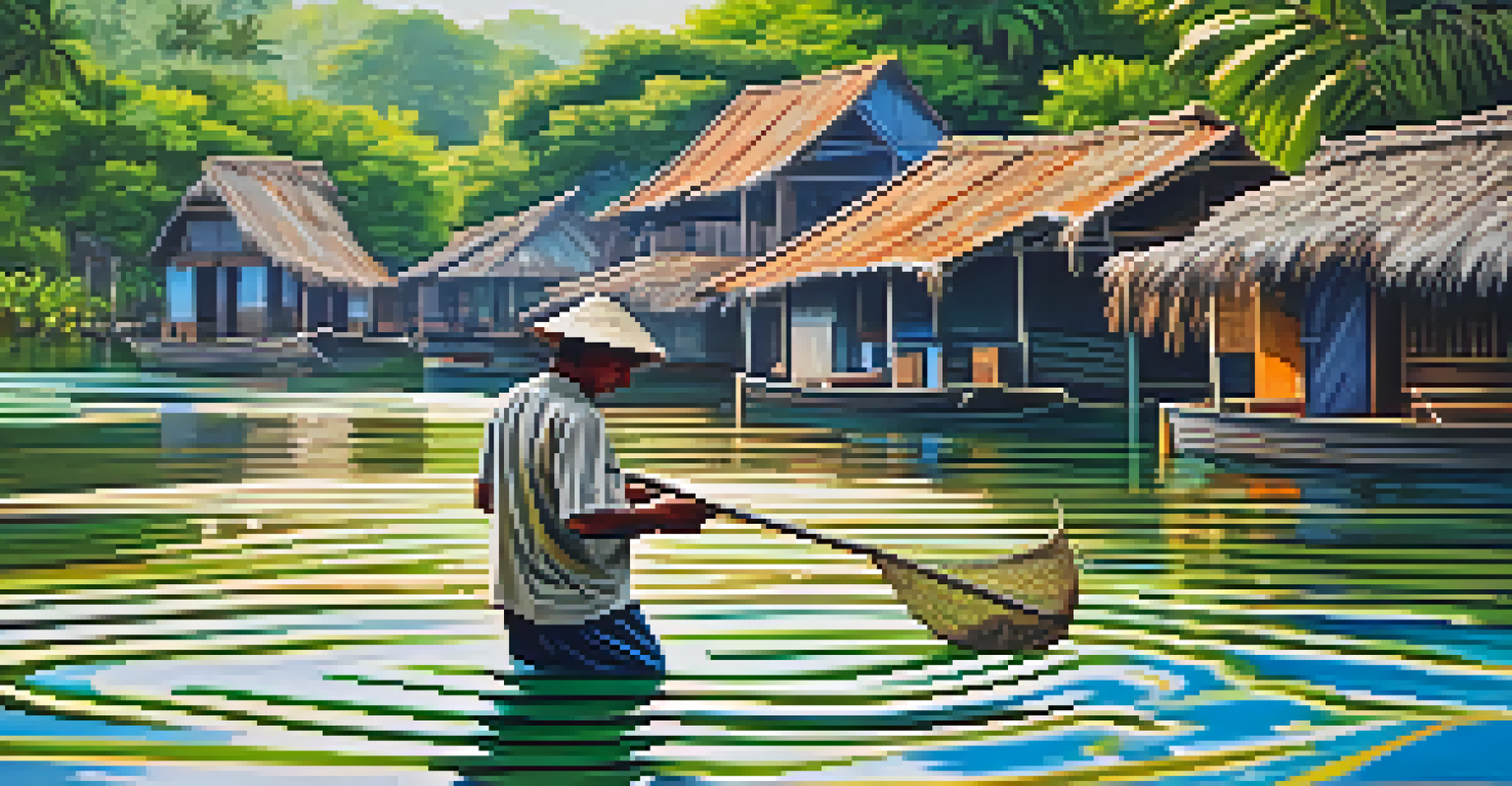 A fisherman casting a net in the Kerala backwaters, with a village and greenery in the background.