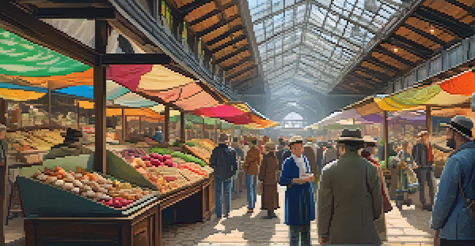 Tourists engaging in a recreated historic market scene with colorful props and sounds, enjoying an immersive experience.