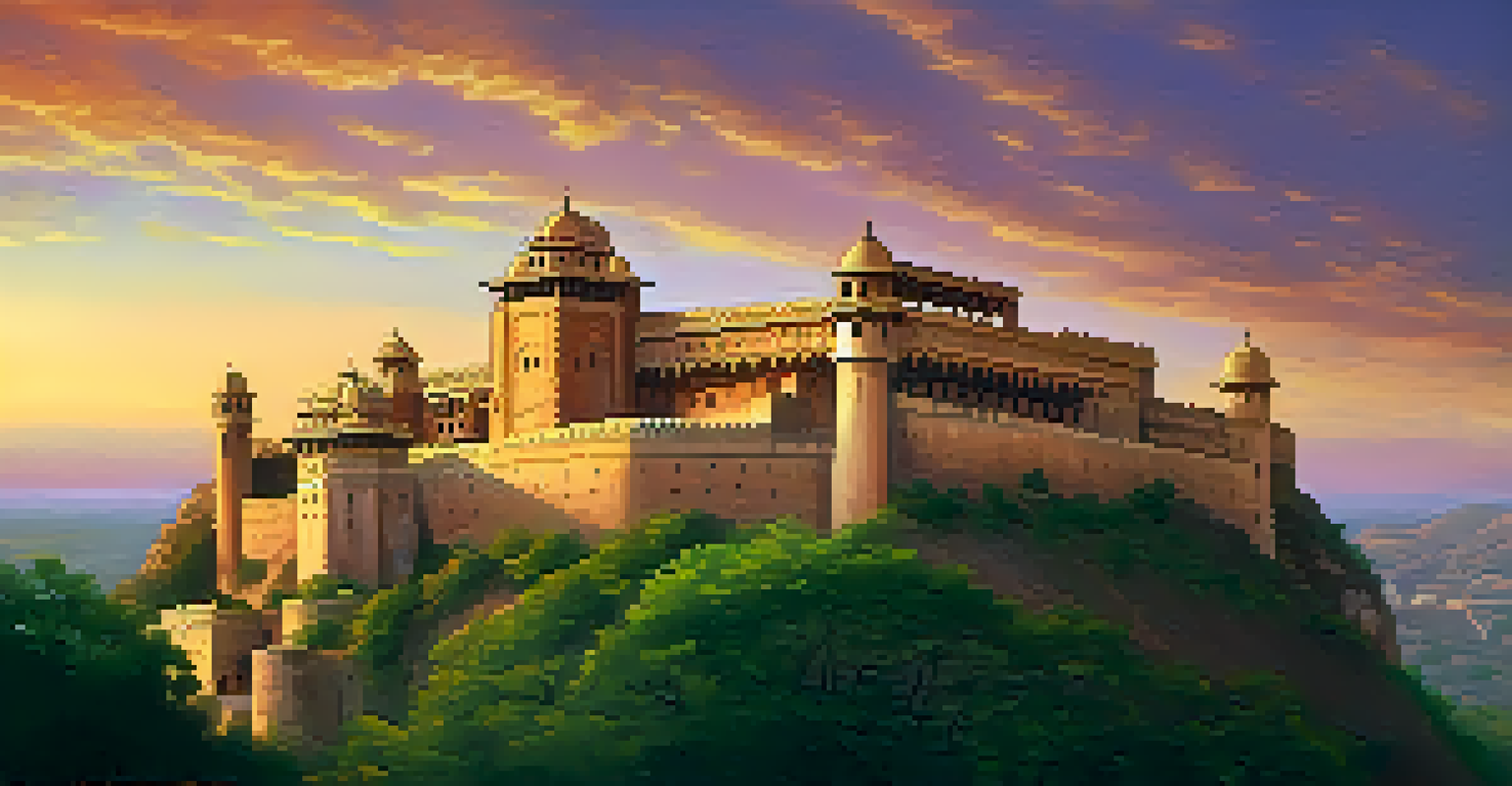 A majestic view of Neemrana Fort Palace at sunset, showcasing intricate architecture against a colorful sky.