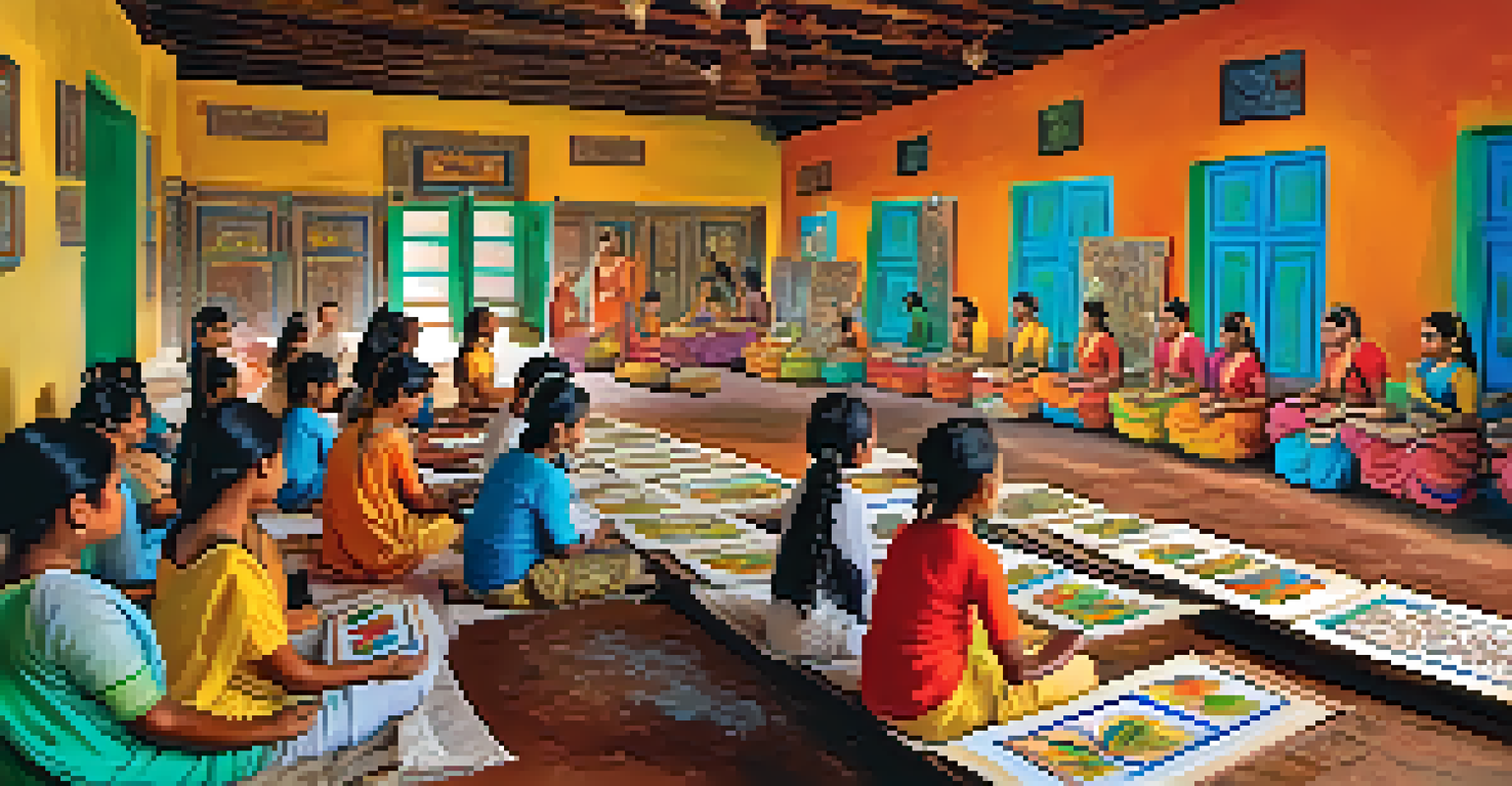 Young students learning Pattachitra painting from an artisan in a colorful workshop, filled with art supplies and vibrant paintings.