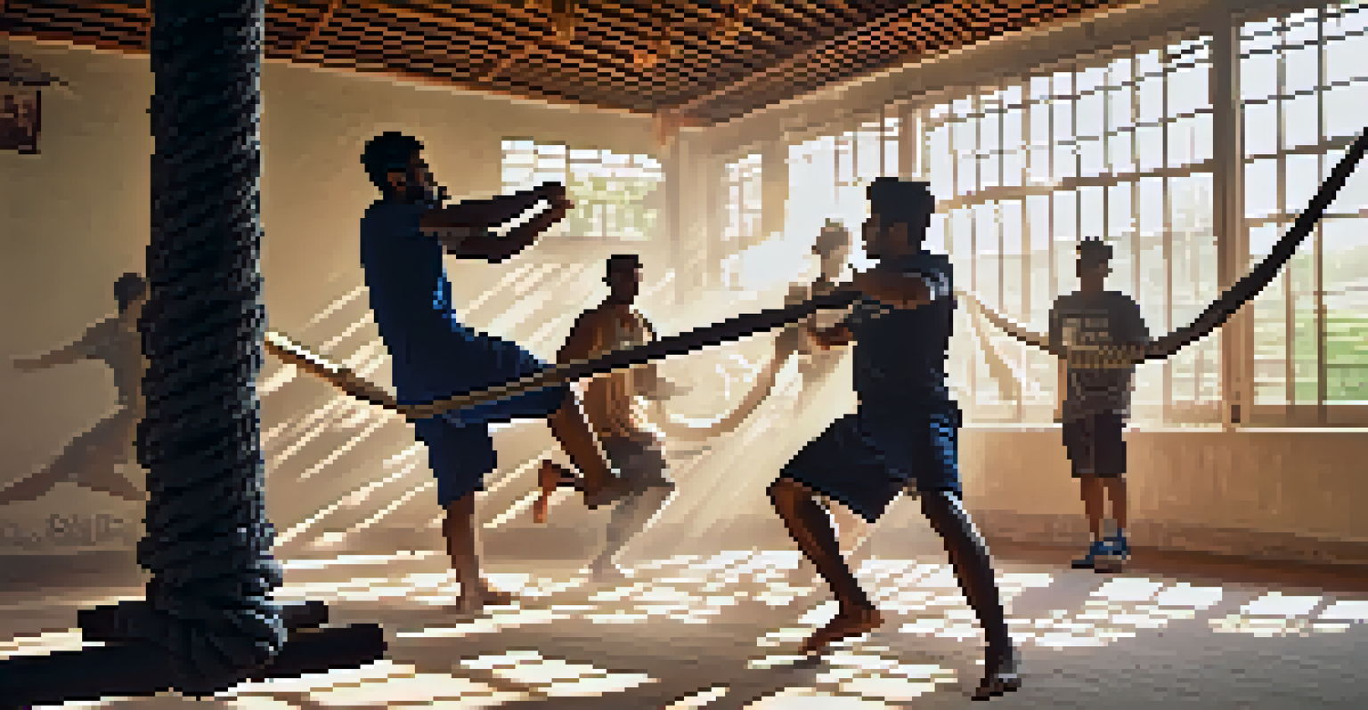 A close-up of a suspended Mallakhamb rope with sunlight creating a glow, athletes practicing in the background.
